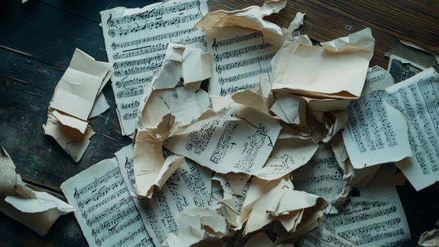 An artistic arrangement of crumpled and aged sheet music sheets scattered across a textured background, with hints of ink stains and musical notes peeking through.