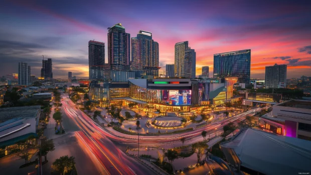 An artistic cityscape with vibrant, colorful lights, modern design elements, and a twilight sky, creating a visually captivating atmosphere.