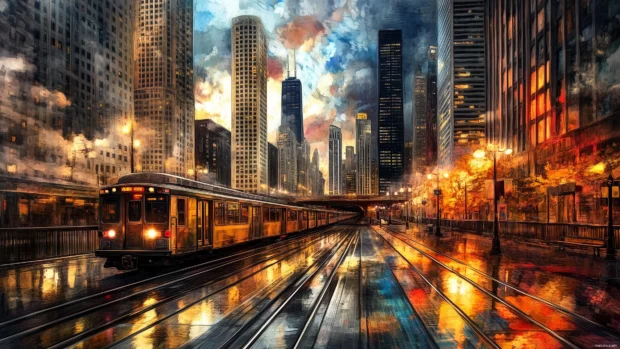 An artistic cityscape with vibrant lights, modern design, and a twilight sky, creating a captivating atmosphere.