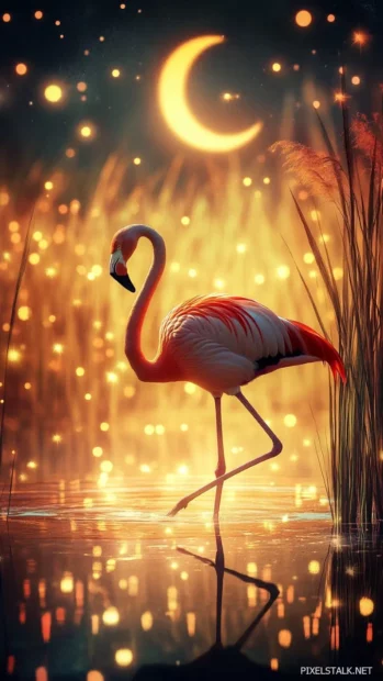 An artistic flamingo walking through glowing pink reeds under a crescent moon.