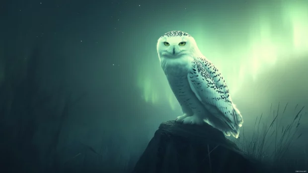 An artistic frame of the snowy owl in silhouette against fading northern lights.