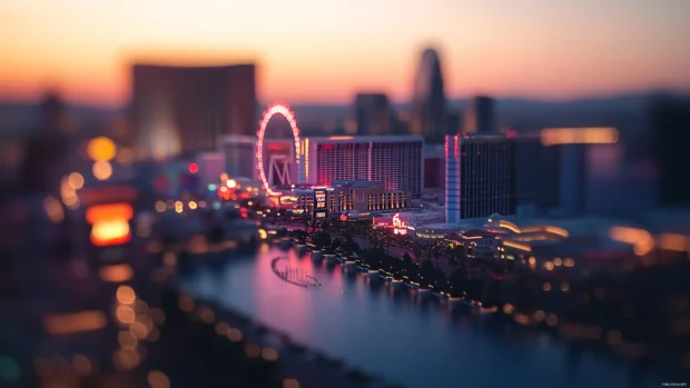 An artistic representation of the Las Vegas skyline with a focus on the architectural beauty of its landmark buildings and the glowing city lights.