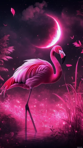 An artistic scene with a flamingo walking through glowing pink reeds under a crescent moon.