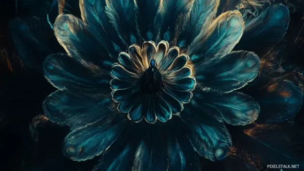 An artistic top down shot of a peacock tail arranged symmetrically, designed for a peacock aesthetic wallpaper.