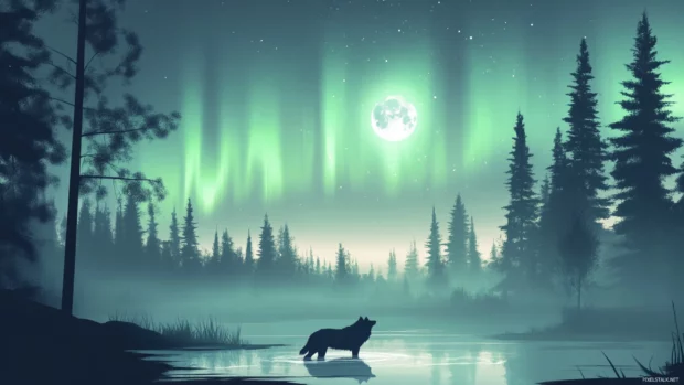 An aurora filled sky casts glowing light around a calm wolf near a glowing moon.
