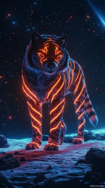 An electric wolf with flickering neon stripes standing under a glowing starfield.