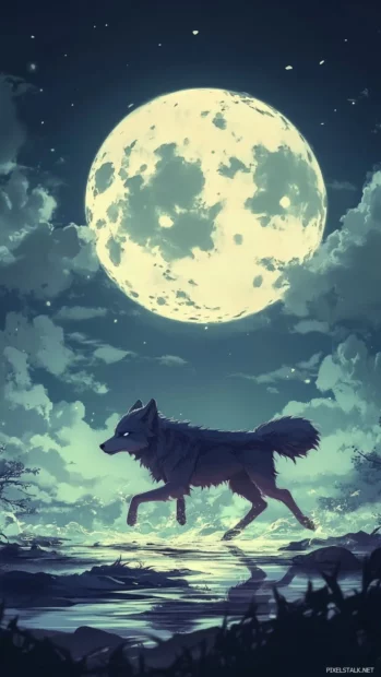 An elegant anime wolf running across a watery surface lit by a giant moon above.