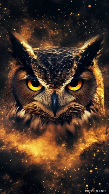 An elegant close up of a painted owl face framed with glowing dust.