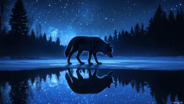 An elegant ice wolf walks across a frozen lake reflecting the stars.