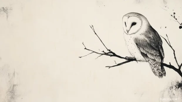 An elegant ink sketch of a barn owl resting on a solitary branch against a pale canvas.