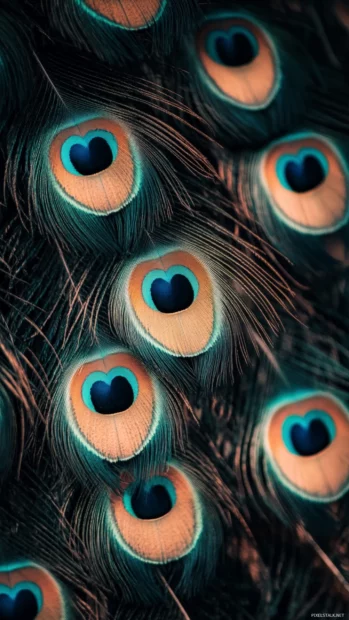 An elegant phone wallpaper showcasing the intricate details of iridescent peacock plumage, glowing in gentle illumination.