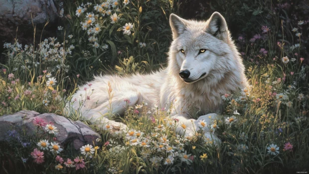 An elegant white wolf sits in a moonlit field of wildflowers, featured in a romantic beautiful wolf.