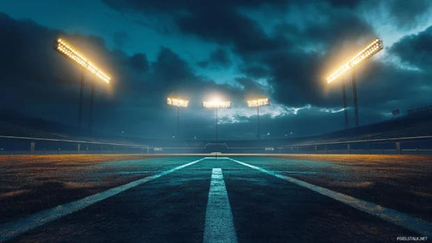 An empty baseball stadium at dusk, illuminated by stadium lights with a moody sky.