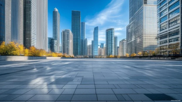 An empty city square with modern buildings surrounding it.