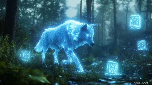 An enchanted forest opens as a glowing wolf walks over floating stone glyphs.