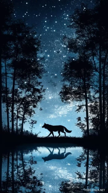 An enchanted wolf walking over a glowing lake, reflecting stars above.