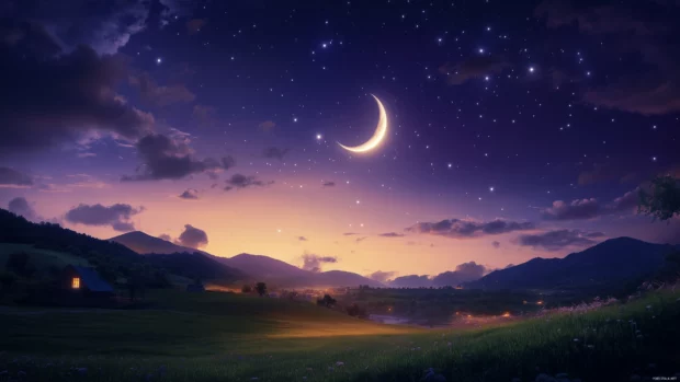 An enchanting evening sky with the crescent moon and Venus shining brightly over a quiet rural landscape.