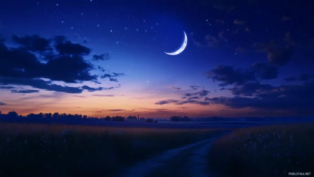 An enchanting evening sky with the crescent moon and Venus shining brightly over a quiet rural landscape.