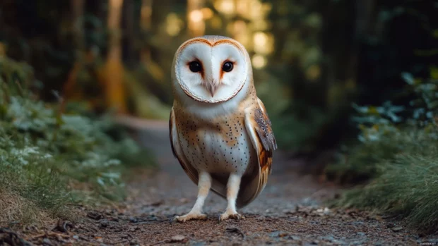 An enchanting forest path with the Barn Owl gazing at the camera.