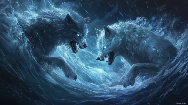An epic battle themed digital painting where a glowing wolf fights in a storm.