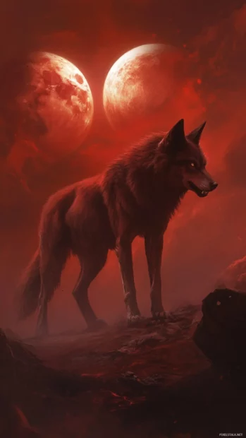 An epic fantasy wolf wallpaper with a massive shadow wolf howling in front of twin moons.