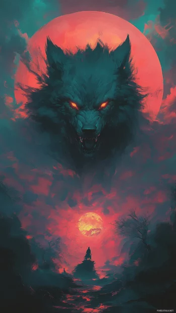 An epic fantasy wolf with a massive shadow wolf howling in front of twin moons.