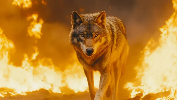 An epic scene where a battle scarred wolf walks through flames.