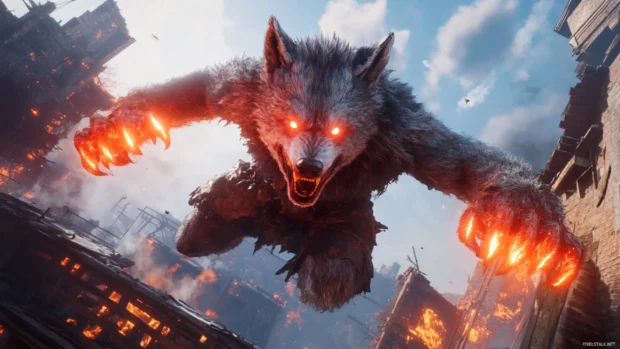An epic slow motion shot of a wolf jumping between rooftops with glowing claws.