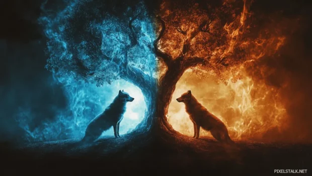 An epic standoff between two wolves in opposite colors under a glowing tree of balance.