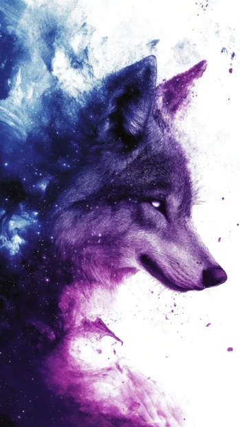 An ethereal wolf formed from galaxies and mist running through space tunnels.