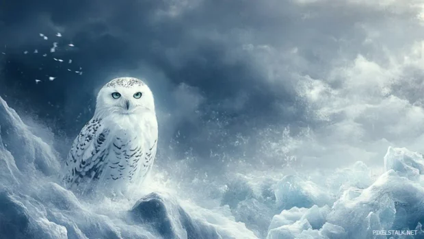 An expressionist style owl painted in thick brush textures against an icy sky.