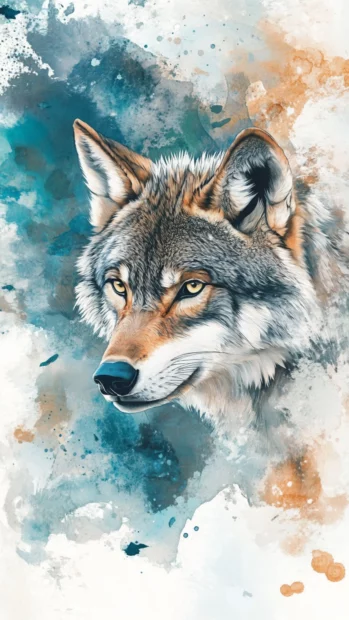 An expressive wolf sketch in layered watercolor washes featured in this modern watercolor wolf wallpaper.