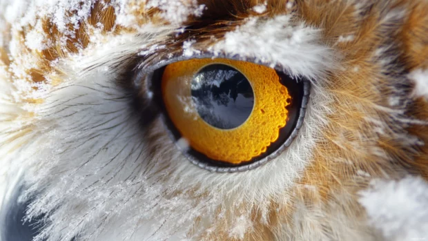 An extreme close up of the owl golden eye with frost crystals clinging to white feathers.