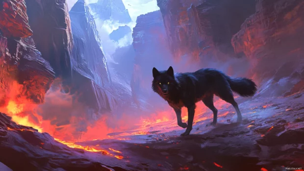 An illustrated black wolf walks through fire and shadows in an enchanted canyon.