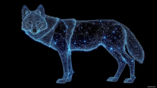 An illustrated fantasy wolf with transparent fur glowing softly with constellations.
