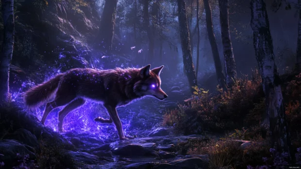 An illustrated forest scene where a red wolf glows among enchanted trees.