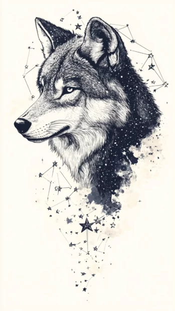 An illustrated profile of a wolf head with night sky textures and constellations.