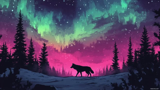 An illustrated scene of a lone wolf walking beneath an aurora sky surrounded by frozen trees.