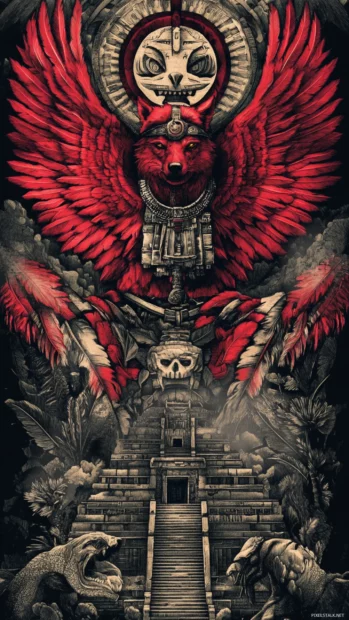 An illustrated scroll shows a red wolf protector guarding ancient ruins.