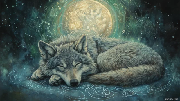 An illustrated wolf resting under a mystical moon surrounded by spirit trails.