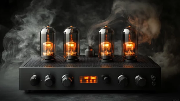 An intense image of a vintage amplifier with glowing tubes, set against a backdrop of dark, moody lighting and smoke, creating an atmospheric heavy metal vibe.