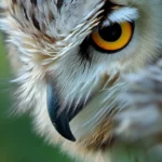 An intense vertical portrait with the owl beak slightly open, feathers ruffled by wind.