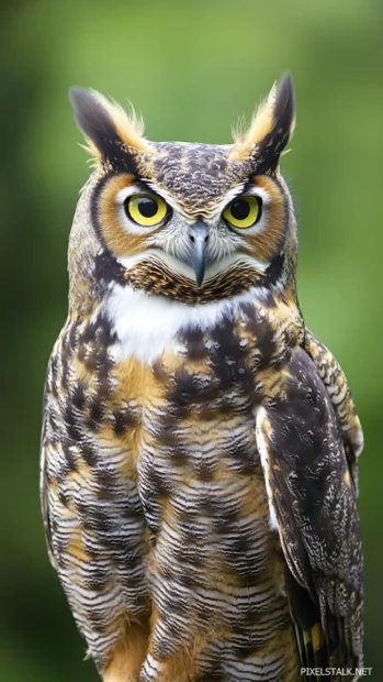 An intense vertical portrait with the owl beak slightly open, feathers ruffled by wind (2).
