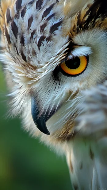An intense vertical portrait with the owl beak slightly open, feathers ruffled by wind.