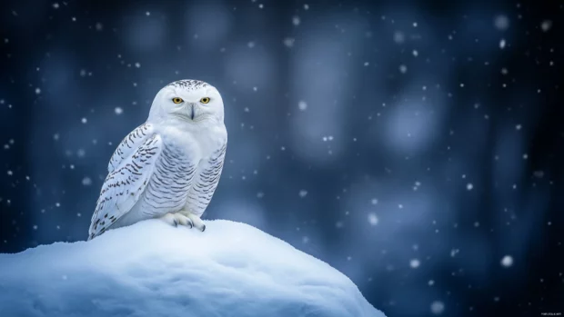 An owl blinking slowly while resting on a snowbank beneath dark winter skies.