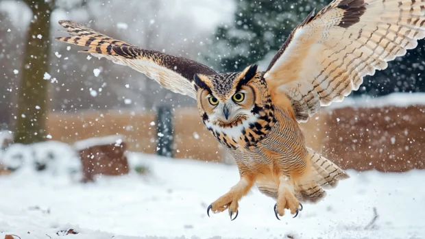 An owl captured during takeoff, snow scattering behind as talons leave the ground.