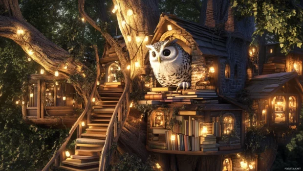 An owl climbing a ladder into a treehouse built from books and fairy lights.