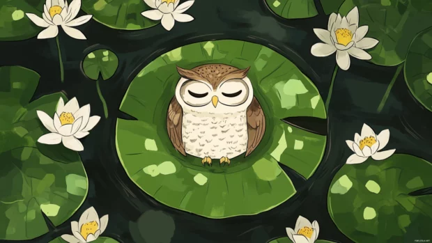 An owl doodled with a sleepy face floating on a giant lily pad.