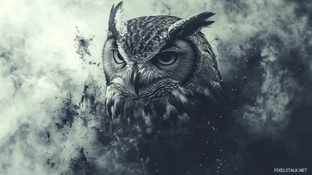 An owl drawn from watercolor ink surrounded by star particles and faded feathers.
