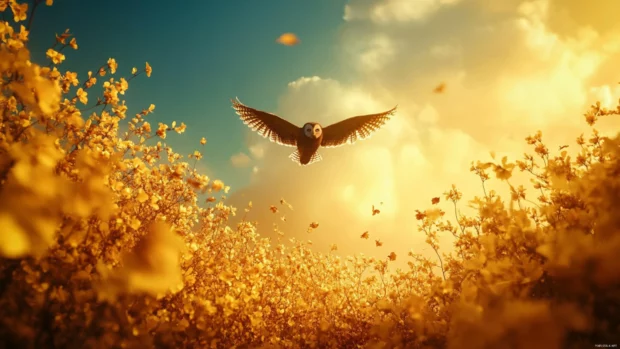 An owl gliding silently above an autumn field, wings outstretched against fading skies.